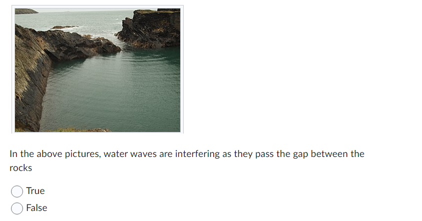 In the above pictures, water waves are interfering as they pass the gap between the
rocks
True
False