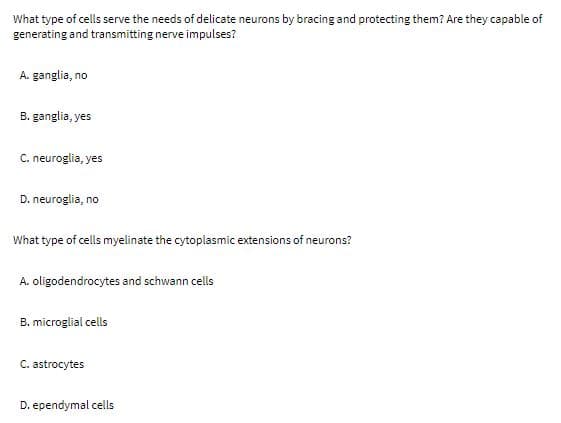 What type of cells serve the needs of delicate neurons by bracing and protecting them? Are they capable of
generating and transmitting nerve impulses?
A. ganglia, no
B. ganglia, yes
C. neuroglia, yes
D. neuroglia, no
What type of cells myelinate the cytoplasmic extensions of neurons?
A. oligodendrocytes and schwann cells
B. microglial cells
C. astrocytes
D. ependymal cells
