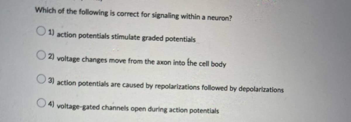 Which of the following is correct for signaling within a neuron?
1) action potentials stimulate graded potentials
O2) voltage changes move from the axon into the cell body
3) action potentials are caused by repolarizations followed by depolarizations
4) voltage-gated channels open during action potentials