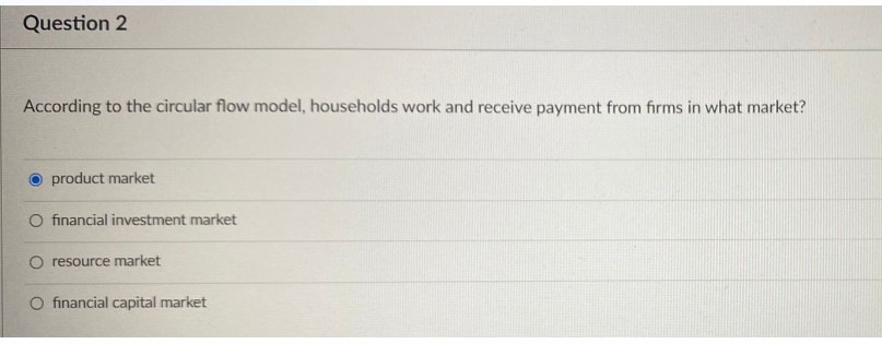 Question 2
According to the circular flow model, households work and receive payment from firms in what market?
product market
O financial investment market
O resource market
O financial capital market