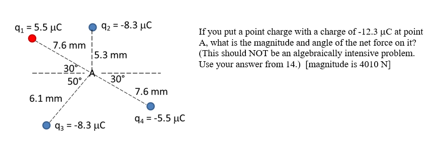 q1 = 5.5 µC
q2 = -8.3 µC
If you put a point charge with a charge of -12.3 µC at point
A, what is the magnitude and angle of the net force on it?
(This should NOT be an algebraically intensive problem.
Use your answer from 14.) [magnitude is 4010 N]
7.6 mm
5.3 mm
30
50°,
30°
7.6 mm
6.1 mm
94 = -5.5 µC
%3D
q3 = -8.3 µC
