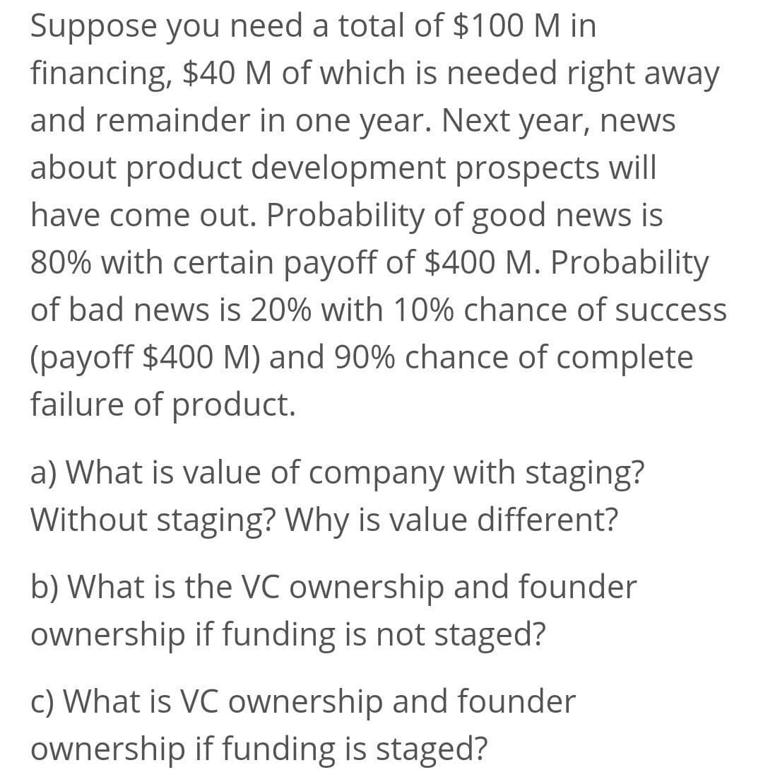 Suppose you need a total of $100 M in
financing, $40 M of which is needed right away
and remainder in one year. Next year, news
about product development prospects will
have come out. Probability of good news is
80% with certain payoff of $400 M. Probability
of bad news is 20% with 10% chance of success
(payoff $400 M) and 90% chance of complete
failure of product.
a) What is value of company with staging?
Without staging? Why is value different?
b) What is the VC ownership and founder
ownership if funding is not staged?
c) What is VC ownership and founder
ownership if funding is staged?
