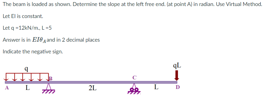 The beam is loaded as shown. Determine the slope at the left free end. (at point A) in radian. Use Virtual Method.
Let El is constant.
Let q =12kN/m., L=5
Answer is in EIOA and in 2 decimal places
Indicate the negative sign.
qL
C
A
L
2L
L
D
