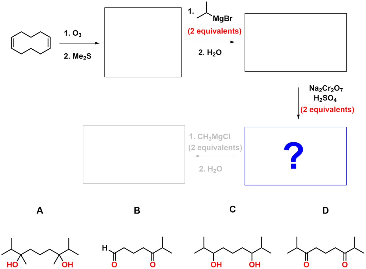 A
1. 03
2. Me₂S
HO
OH
H
O
B
1.
人
MgBr
(2 equivalents)
2. H₂O
1. CH3MgCl
(2 equivalents)
2. H₂O
Na2Cr2O7
H2SO4
(2 equivalents)
?
C
D
OH
OH
O