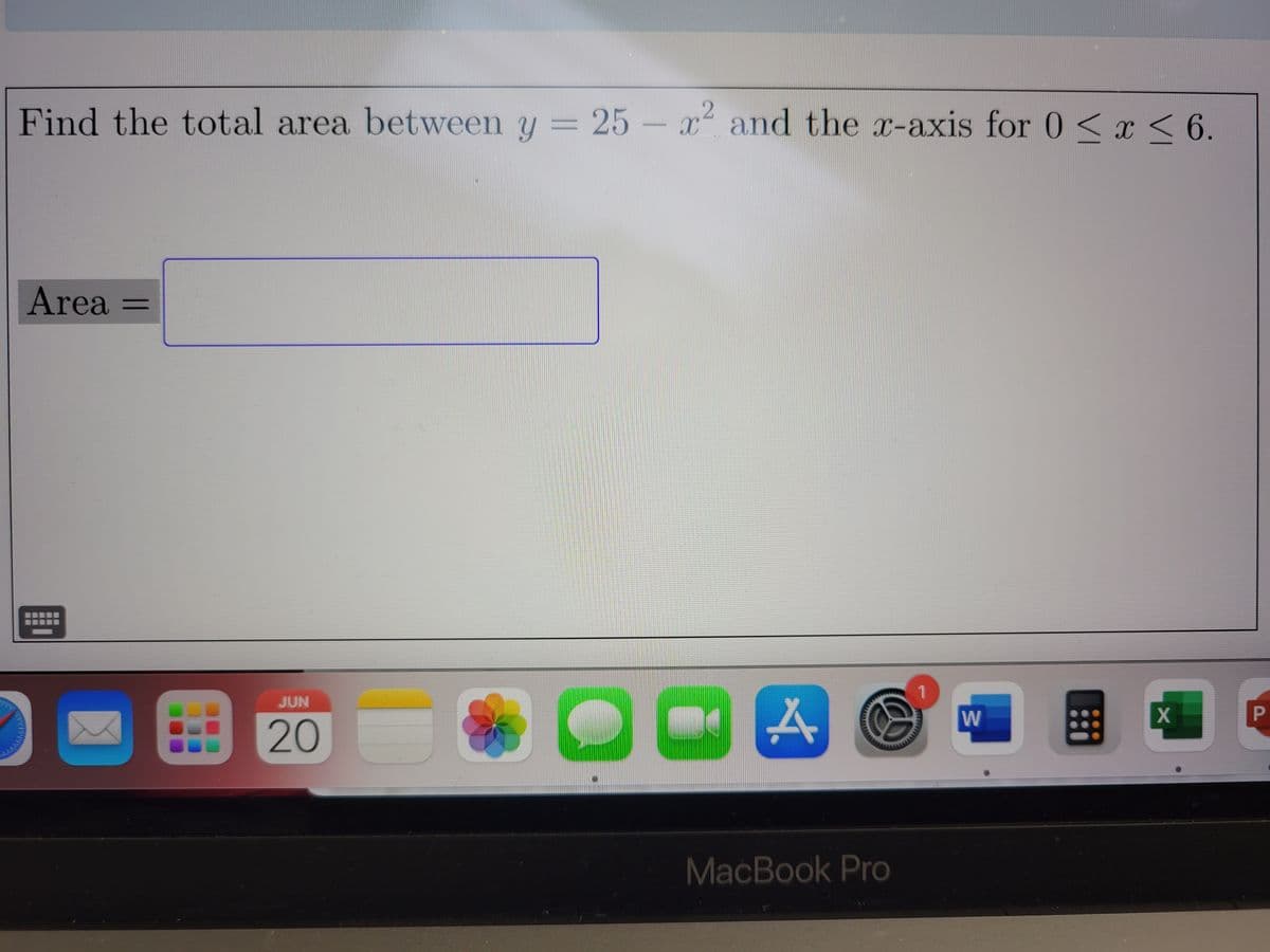 **Problem Statement:**

Find the total area between \( y = 25 - x^2 \) and the x-axis for \( 0 \leq x \leq 6 \).

**Solution:**

To find the area between the curve \( y = 25 - x^2 \) and the x-axis from \( x = 0 \) to \( x = 6 \), we need to set up and evaluate the definite integral of the function \( 25 - x^2 \) with respect to \( x \) over the given interval.

The definite integral for this problem is:

\[ 
\int_{0}^{6} (25 - x^2) \, dx
\]

### Step-by-Step Solution:

1. **Set up the Integral:**

\[ 
A = \int_{0}^{6} (25 - x^2) \, dx
\]

2. **Integrate the Function:**

 \[
 \int (25 - x^2) \, dx = 25x - \frac{x^3}{3} 
\]

3. **Evaluate the Integral at the Bounds:**

\[ 
A = \left[ 25x - \frac{x^3}{3} \right]_{0}^{6}
\]

4. **Calculate the Values:**

\[
A = \left(25(6) - \frac{6^3}{3}\right) - \left(25(0) - \frac{0^3}{3}\right)
\]

\[ 
= \left(150 - 72\right) - (0)
\]

\[ 
= 78
\]

Thus, the total area is:

\[ 
\boxed{78}
\]

### Conclusion:

The total area between the curve \( y = 25 - x^2 \) and the x-axis for \( 0 \leq x \leq 6 \) is \( 78 \) square units.