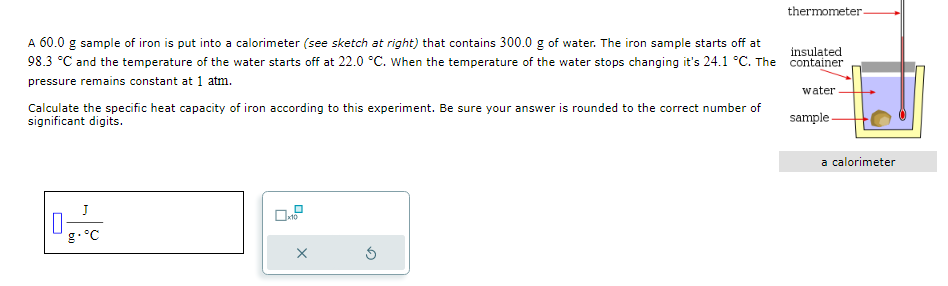 A 60.0 g sample of iron is put into a calorimeter (see sketch at right) that contains 300.0 g of water. The iron sample starts off at
98.3 °C and the temperature of the water starts off at 22.0 °C. When the temperature of the water stops changing it's 24.1 °C. The
pressure remains constant at 1 atm.
Calculate the specific heat capacity of iron according to this experiment. Be sure your answer is rounded to the correct number of
significant digits.
0
J
g. °C
x10
X
thermometer
insulated
container
water
sample.
a calorimeter