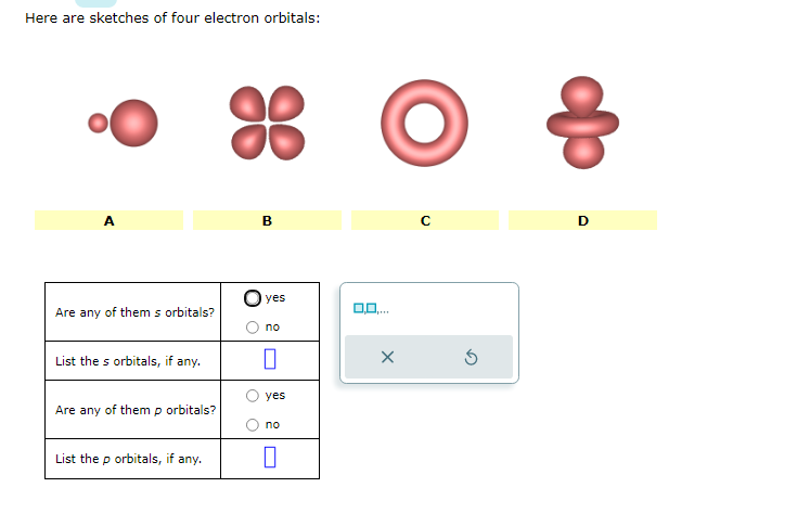 Here are sketches of four electron orbitals:
A
Are any of them s orbitals?
List the s orbitals, if any.
Are any of them p orbitals?
List the p orbitals, if any.
88
B
yes
no
0
yes
no
0
X
с
Ś
D