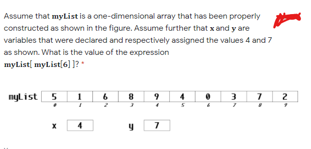 Assume that myList is a one-dimensional array that has been properly
constructed as shown in the figure. Assume further that x and y are
variables that were declared and respectively assigned the values 4 and 7
as shown. What is the value of the expression
myList[ myList[6]]? *
mylist 5
1
8
4
2
4
y
