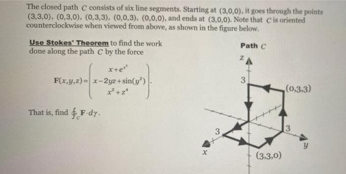 The closed path C consists of six line segments. Starting at (3,0,0), it goes through the points
(3,3,0), (0,3,0), (0,3,3), (0,0,3), (0,0,0), and ends at (3,0,0). Note that Cis oriented
counterclockwise when viewed from above, as shown in the figure below.
Use Stokes' Theorem to find the work
done along the path C by the force
Path C
ZA
x+e
F(x,y,z)= x-2yz+sin(y)
3
x² +z*
(0,3,3)
That is, find F-dy.
(3,3,0)
