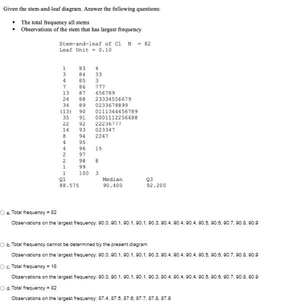 Given the stem-and-leaf diagram. Answer the following questions:
The total frequency all stems
• Observations of the stem that has largest frequency
Stem-and-leaf of C1 N - 82
Leaf Unit = 0.10
1
83
4
84
85
33
3
777
4
86
13
24
34
87
88
89
456789
23334556679
0233678899
0111344456789
(13)
35
90
91
0001112256688
22
92
22236777
14
93
94
95
023347
8.
2247
4
2
2
96
97
98
15
8
99
1
100 3
Q3
Q1
88.575
Median
90.400
92.200
O a. Total frequency = 82
Observations on the largest frequency: 90.0. 90.1, 90.1, 90.1, 90.3, 90.4, 90.4, 90.4, 90.5, 90.8, 90.7, 90.8, 90.9
O b. Total frequency cannot be determined by the present diagram
Observations on the largest frequency: 90.0. 90.1, 90.1. 90.1. 90.3. 90.4, 90.4. 90.4. 90.5. 90.6, 90.7, 90.8. 90.9
Oc. Total frequency = 18
Observations on the largest frequency: 90.0. 90.1, 90.1, 90.1, 80.3, 90.4, 90.4, 90.4, 90.5, 90.6, 90.7, 90.8. 90.9
O d. Total frequency = 82
Observations on the largest frequency: 87.4, 87.5, 87.6, 87.7, 87.8, 87.9
