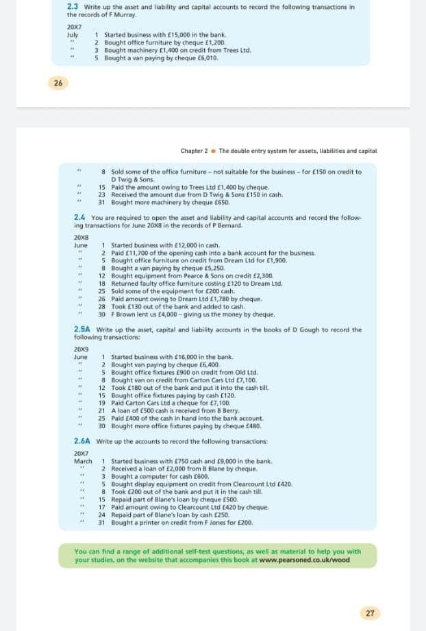 2.3 write up the asset and liability and capital accounts to record the following transactions in
the records of F Murray.
20X7
1 Started business with E15,000 in the bank.
2 Bought office furniture by cheque E1,200.
3 Bought machinery E1,400 on credit from Trees Ltd.
5 Bought a van paying by cheque E6,010.
July
26
Chapter 2- The double entry system for assets, liabiities and capital
8 Sold some of the office furniture - not suitable for the business - for £150 on credit to
D Twig & Sons.
15 Paid the amount owing to Trees Ltd £1,400 by cheque.
23 Received the amount due from D Twig & Sons E150 in cash.
31 Bought more machinery by cheque E650.
2.4 You are required to open the asset and liability and capital accounts and record the follow-
ing transactions for June 20x8 in the records of P Bernard.
20X8
1 Started business with £12,000 in cash.
2 Paid £11,700 of the opening cash into a bank account for the business.
5 Bought office furniture on credit from Dream Ltd for £1,900.
8 Bought a van paying by cheque E5,250.
12 Bought equipment from Pearce & Sons on credit £2,300.
18 Returned faulty office furniture costing £120 to Dream Ltd.
25 Sold some of the equipment for (200 cash.
26 Paid amount owing to Dream Ltd E1,780 by cheque.
28 Took E130 out of the bank and added to cash.
30 FBrown lent us £4,000 - giving us the money by cheque.
June
2.5A Write up the asset, capital and liability accounts in the books of D Gough to record the
following transactions:
20X9
June
1 Started business with £16,000 in the bank.
2 Bought van paying by cheque (6, 400.
5 Bought office fixtures £900 on credit from Old Ltd.
8 Bought van on credit from Carton Cars Ltd £7,100.
12 Took £180 out of the bank and put it into the cash till.
15 Bought office fixtures paying by cash (120.
19 Paid Carton Cars Ltd a cheque for £7,100.
21 A loan of E500 cash is received from B Berry.
25 Paid (400 of the cash in hand into the bank account.
30 Bought more office fixtures paying by cheque £480.
2.6A Write up the accounts to record the following transactions:
20X7
1 Started business with £750 cash and £9,000 in the bank.
2 Received a loan of £2,000 from B Blane by cheque.
3 Bought a computer for cash E600.
5 Bought display equipment on credit from Clearcount Ltd (420.
8 Took £200 out of the bank and put it in the cash till.
15 Repaid part of Blane's loan by cheque E500.
17 Paid amount owing to Clearcount Ltd £420 by cheque.
24 Repaid part of Blane's loan by cash £250.
31 Bought a printer on credit from F Jones for E200.
March
You can find a range of additional self-test questions, as well as material to help you with
your studies, on the website that accompanies this book at www.pearsoned.co.uk/wood
27
