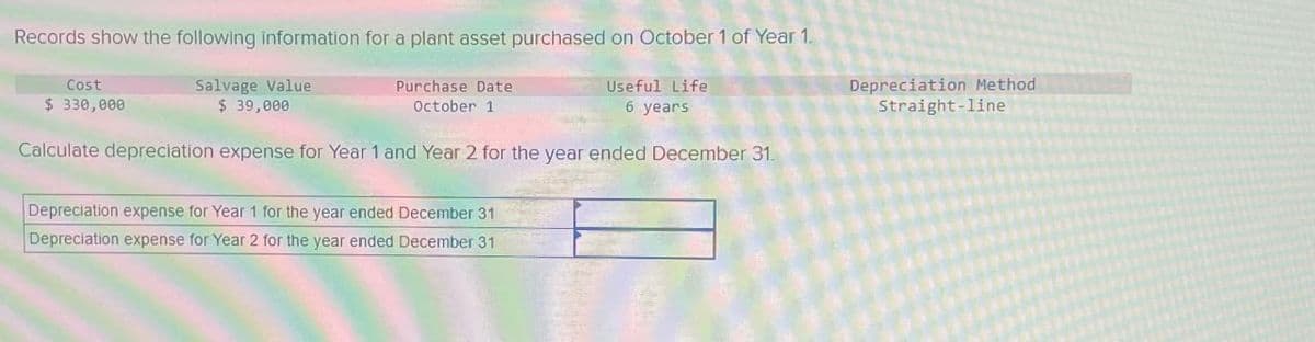 Records show the following information for a plant asset purchased on October 1 of Year 1.
Cost
$ 330,000
Salvage Value
$ 39,000
Purchase Date
October 1
Useful Life
6 years
Calculate depreciation expense for Year 1 and Year 2 for the year ended December 31.
Depreciation expense for Year 1 for the year ended December 31
Depreciation Method
Straight-line
Depreciation expense for Year 2 for the year ended December 31