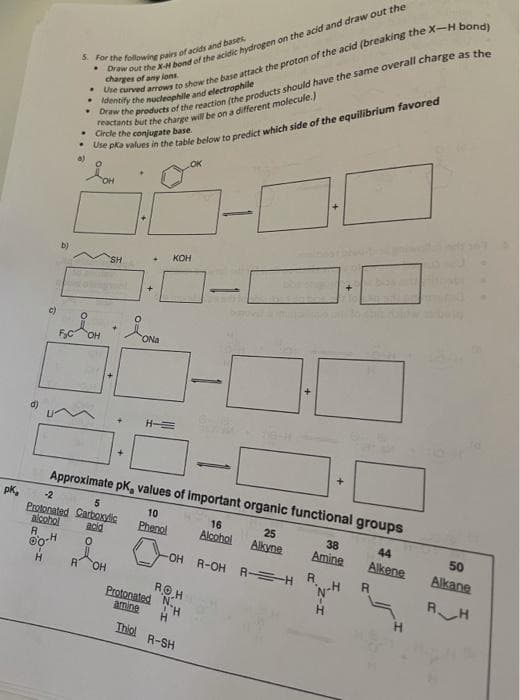 Ade ed arrows to show the Arte attack the proton of the acid (breaking the X-H bond
* Identify the nucleophile and electrophile
ectants but the charge will be on a different molecule.)
Circle the conjugate base.
charges of any lons
OK
a)
HO,
b)
кон
SH
c)
NO.
ONa
HO
+
Approximate pK, values of Important organic functional groups
pk,
Protonated Cacborylic
alcohol
R.
-2
5.
10
Phenol
16
Alcohol
25
Alkyne
38
Amine
acid
44
Alkene
50
1.
H
OH
R-OH R -H
Alkane
R.
R.
он
R H
ROH
Protonated N
amine
H.
H
Thiol R-SH
