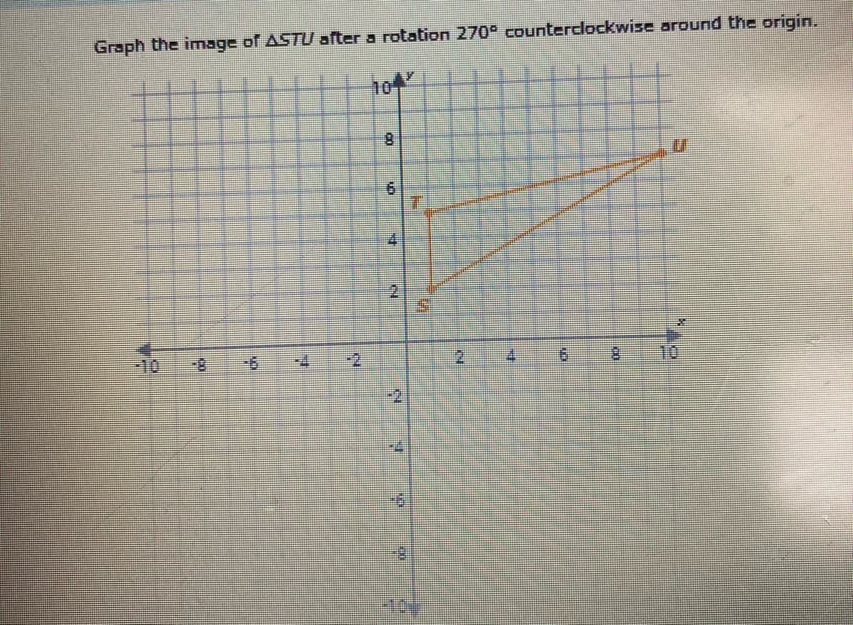 Graph the image of ASTU after a rotation 270° counterdlockwise around the origin.
104
8.
=10
