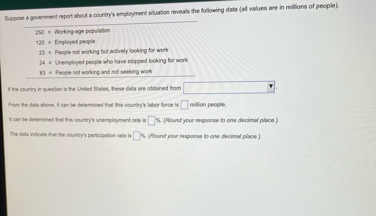 Suppose a government report about a country's employment situation reveals the following data (all values are in millions of people).
250 = Working-age population
120 = Employed people
23 = People not working but actively looking for work
24 = Unemployed people who have stopped looking for work
83 = People not working and not seeking work
If the country in question is the United States, these data are obtained from
From the data above, it can be determined that this country's labor force is
million people.
It can be determined that this country's unemployment rate is %. (Round your response to one decimal place.)
The data indicate that the country's participation rate is %. (Round your response to one decimal place.)
