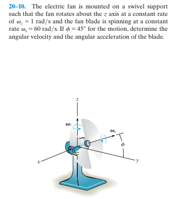 20-10. The electric fan is mounted on a swivel support
such that the fan rotates about the z axis at a constant rate
of w, = 1 rad/s and the fan blade is spinning at a constant
rate w, = 60 rad/s. If = 45° for the motion, determine the
angular velocity and the angular acceleration of the blade.
