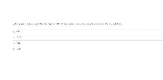 What z-score value separates the highest 70% of the scores in a normal distribution from the lowest 30%?
O 084
O os2
O 0.52
O OM
