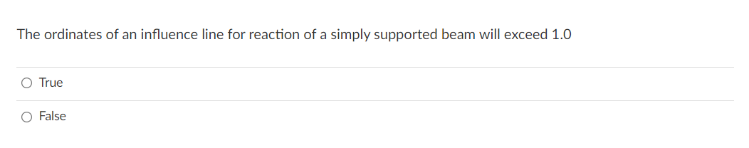 The ordinates of an influence line for reaction of a simply supported beam will exceed 1.0
O True
O False
