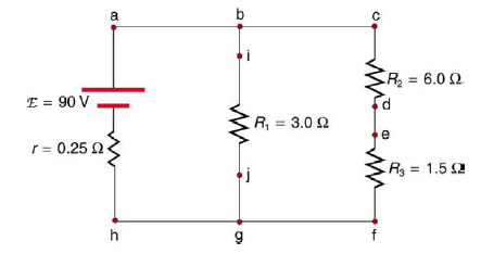 R = 6.0 2
E = 90 V
R, = 3.0 2
r = 0.25 N
R = 1.5 2
f
