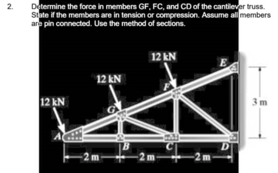 2.
Determine the force in members GF, FC, and CD of the cantilever truss.
State if the members are in tension or compression. Assume all members
are pin connected. Use the method of sections.
12 kN
12 kN
-2m-
12 kN
2m 2m
E
D
3m