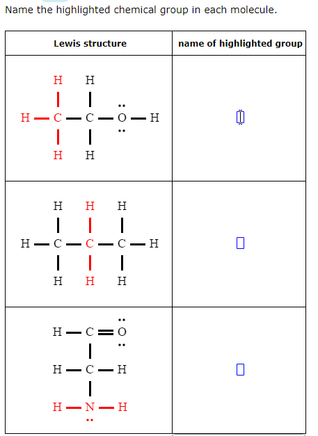 Name the highlighted chemical group in each molecule.
Lewis structure
name of highlighted group
H
H
Н — С
C
о — н
-
н н
н н
H
н— С
C
С — Н
-
н н н
Н — С %
н— с — н
н— N— H
:0 :
-
