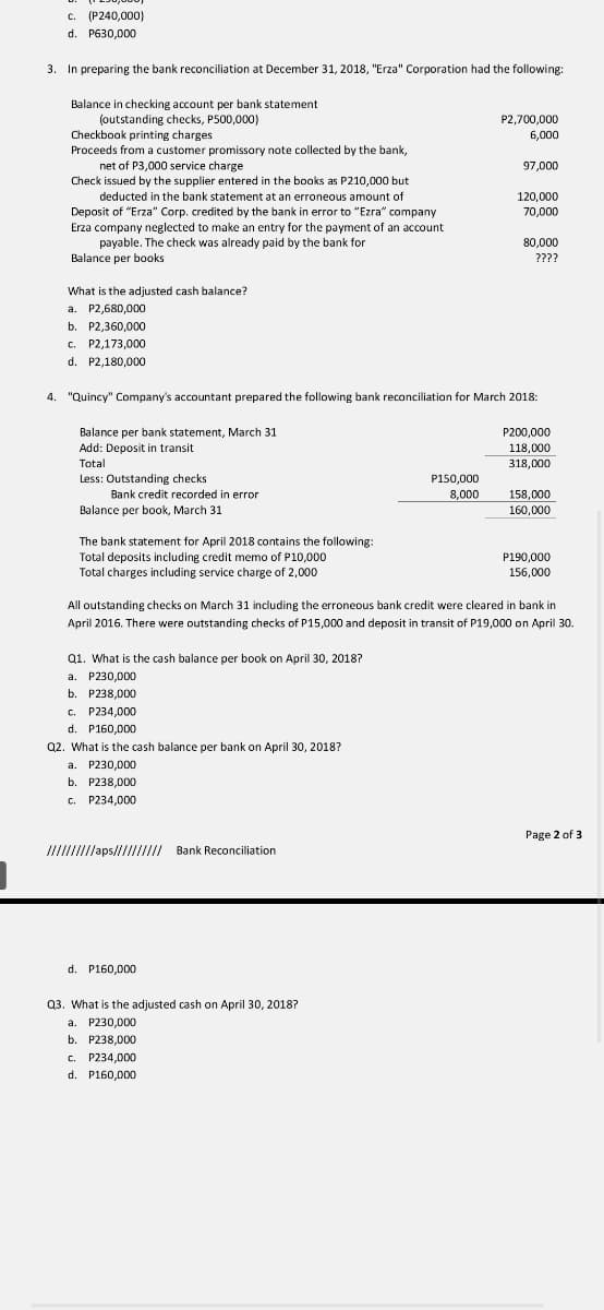 c. (P240,000)
d. P630,000
3.
In preparing the bank reconciliation at December 31, 2018, "Erza" Corporation had the following:
Balance in checking account per bank statement
(outstanding checks, P500,000)
Checkbook printing charges
Proceeds from a customer promissory note collected by the bank,
net of P3,000 service charge
Check issued by the supplier entered in the books as P210,000 but
P2,700,000
6,000
97,000
deducted in the bank statement at an erroneous amount of
120,000
Deposit of "Erza" Corp. credited by the bank in error to "Ezra" company
Erza company neglected to make an entry for the payment of an account
payable. The check was already paid by the bank for
70,000
80,000
Balance per books
????
What is the adjusted cash balance?
а. Р2,680,000
b. P2,360,000
c. P2,173,000
d. P2,180,000
4. "Quincy" Company's accountant prepared the following bank reconciliation for March 2018:
Balance per bank statement, March 31
Add: Deposit in transit
P200,000
118,000
Total
318,000
Less: Outstanding checks
Bank credit recorded in error
P150,000
158,000
160,000
8,000
Balance per book, March 31
The bank statement for April 2018 contains the following:
Total deposits including credit memo of P10,000
Total charges including service charge of 2,000
P190,000
156,000
All outstanding checks on March 31 including the erroneous bank credit were cleared in bank in
April 2016. There were outstanding checks of P15,000 and deposit in transit of P19,000 on April 30.
Q1. What is the cash balance per book on April 30, 2018?
a. P230,000
b. P238,000
C. P234,000
d. P160,000
Q2. What is the cash balance per bank on April 30, 2018?
a. P230,000
b. P238,000
C. P234,000
Page 2 of 3
IIIIIIIlaps////IIIII Bank Reconciliation
d. P160,000
Q3. What is the adjusted cash on April 30, 2018?
a. P230,000
b. P238,000
c. P234,000
d. P160,000
