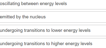 oscillating between energy levels
emitted by the nucleus
undergoing transitions to lower energy levels
undergoing transitions to higher energy levels
