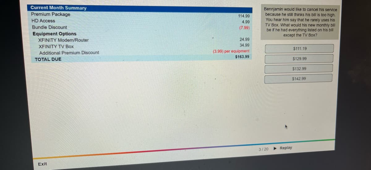 Current Month Summary
Premium Package
Bennjamin would like to cancel his service
because he still thinks his bill is too high.
You hear him say that he rarely uses his
TV Box. What would his new monthly bill
be if he had everything listed on his bill
except the TV Box?
114.99
HD Access
4.99
Bundle Discount
(7.99)
Equipment Options
XFINITY Modem/Router
24.99
XFINITY TV Box
34.99
$111.19
(3.99) per equipment
$163.99
Additional Premium Discount
TOTAL DUE
$129.99
$132.99
$142.99
3/ 20
Replay
Exit
