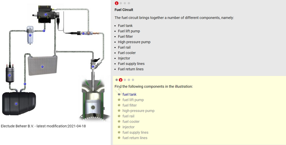 Fuel Circuit
The fuel circuit brings together a number of different components, namely:
• Fuel tank
Fuel lift pump
Fuel filter
High pressure pump
• Fuel rail
• Fuel cooler
Injector
• Fuel supply lines
Fuel return lines
Find the following components in the illustration:
fuel tank
e fuel lift pump
e fuel filter
• high-pressure pump
• fuel rail
e fuel cooler
Electude Beheer B.V. - latest modification:2021-04-18
• injector
e fuel supply lines
e fuel return lines
