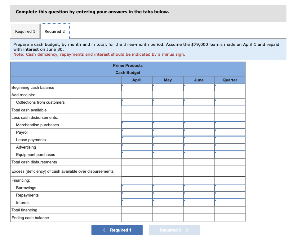 Complete this question by entering your answers in the tabs below.
Required 1 Required 2
Prepare a cash budget, by month and in total, for the three-month period. Assume the $79,000 loan is made on April 1 and repaid
with interest on June 30.
Note: Cash deficiency, repayments and interest should be indicated by a minus sign.
Beginning cash balance
Add receipts:
Collections from customers
Total cash available
Less cash disbursements:
Merchandise purchases
Payroll
Lease payments
Advertising
Equipment purchases
Total cash disbursements
Excess (deficiency) of cash available over disbursements
Financing:
Borrowings
Repayments
Interest
Prime Products
Cash Budget
April
Total financing
Ending cash balance
< Required 1
May
Required 2 >
June
Quarter