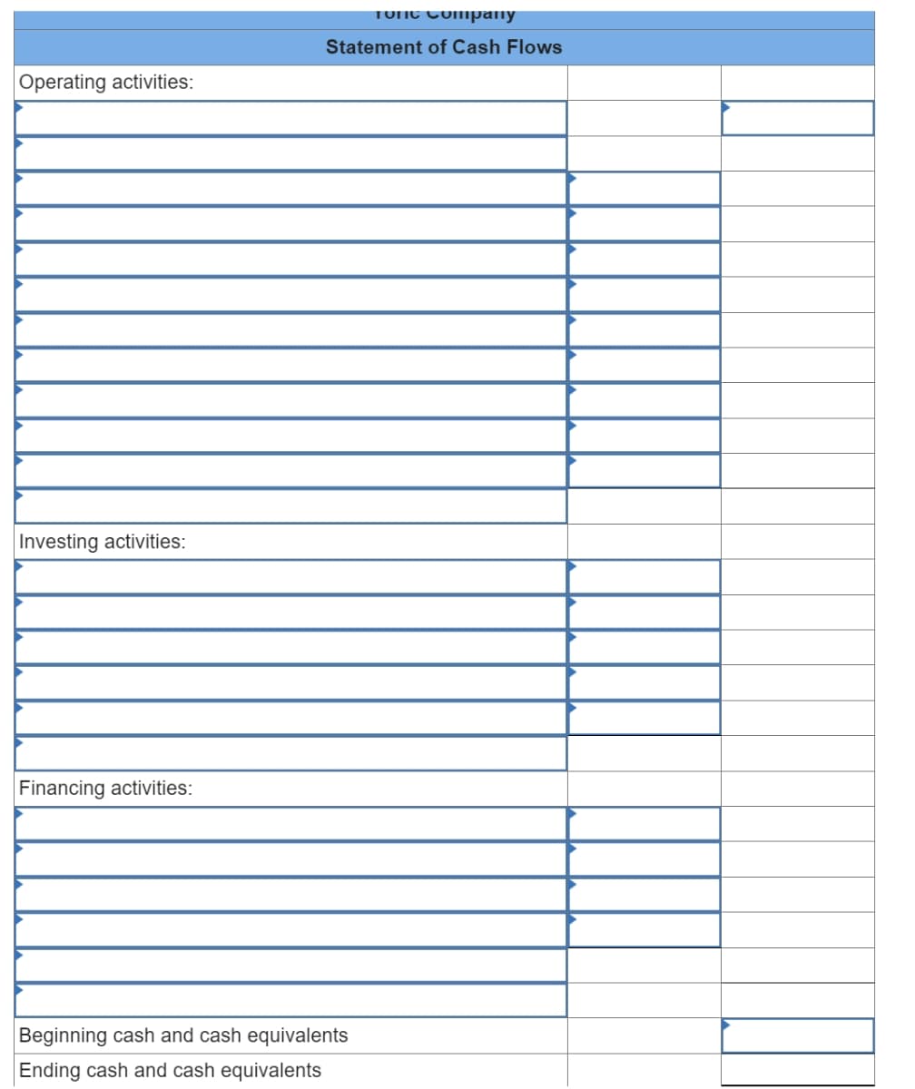 Operating activities:
Investing activities:
Financing activities:
топс соmраnу
Statement of Cash Flows
Beginning cash and cash equivalents
Ending cash and cash equivalents