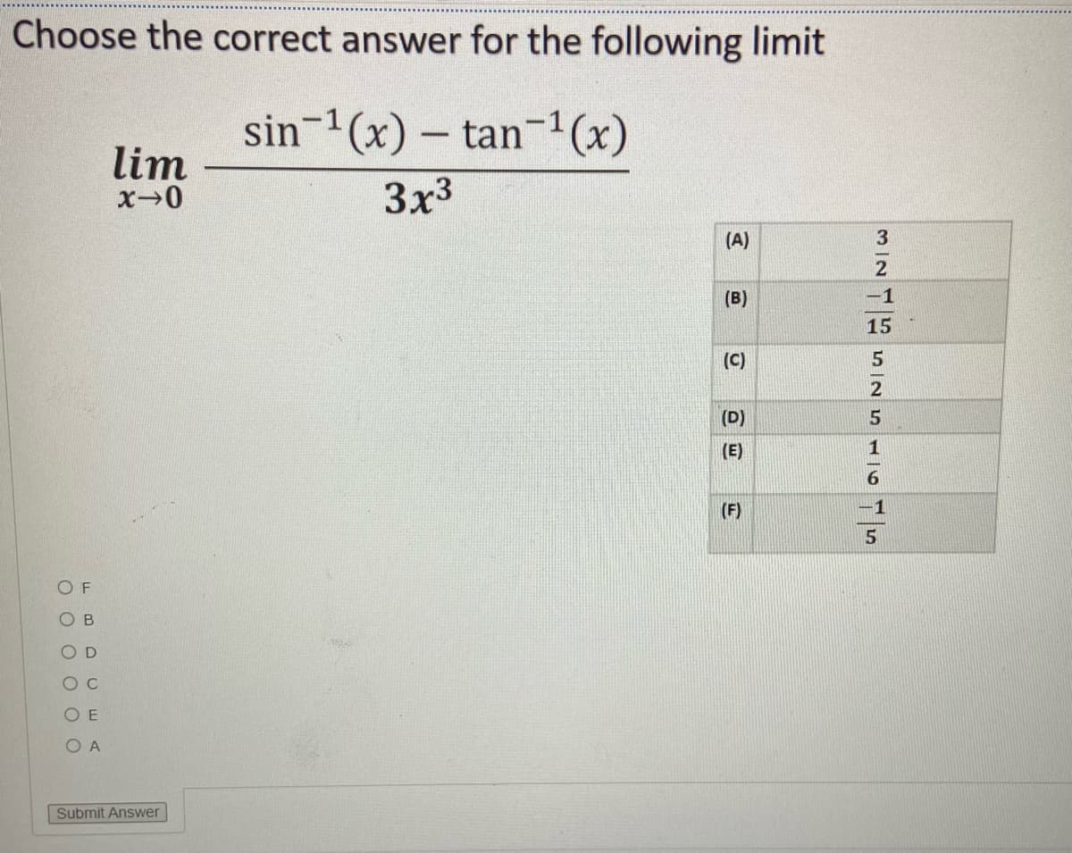 Choose the correct answer for the following limit
sin-1(x) – tan-1(x)
lim
3x3
(A)
(B)
-1
15
(C)
2
(D)
(E)
(F)
O F
O B
O D
O E
O A
Submit Answer
