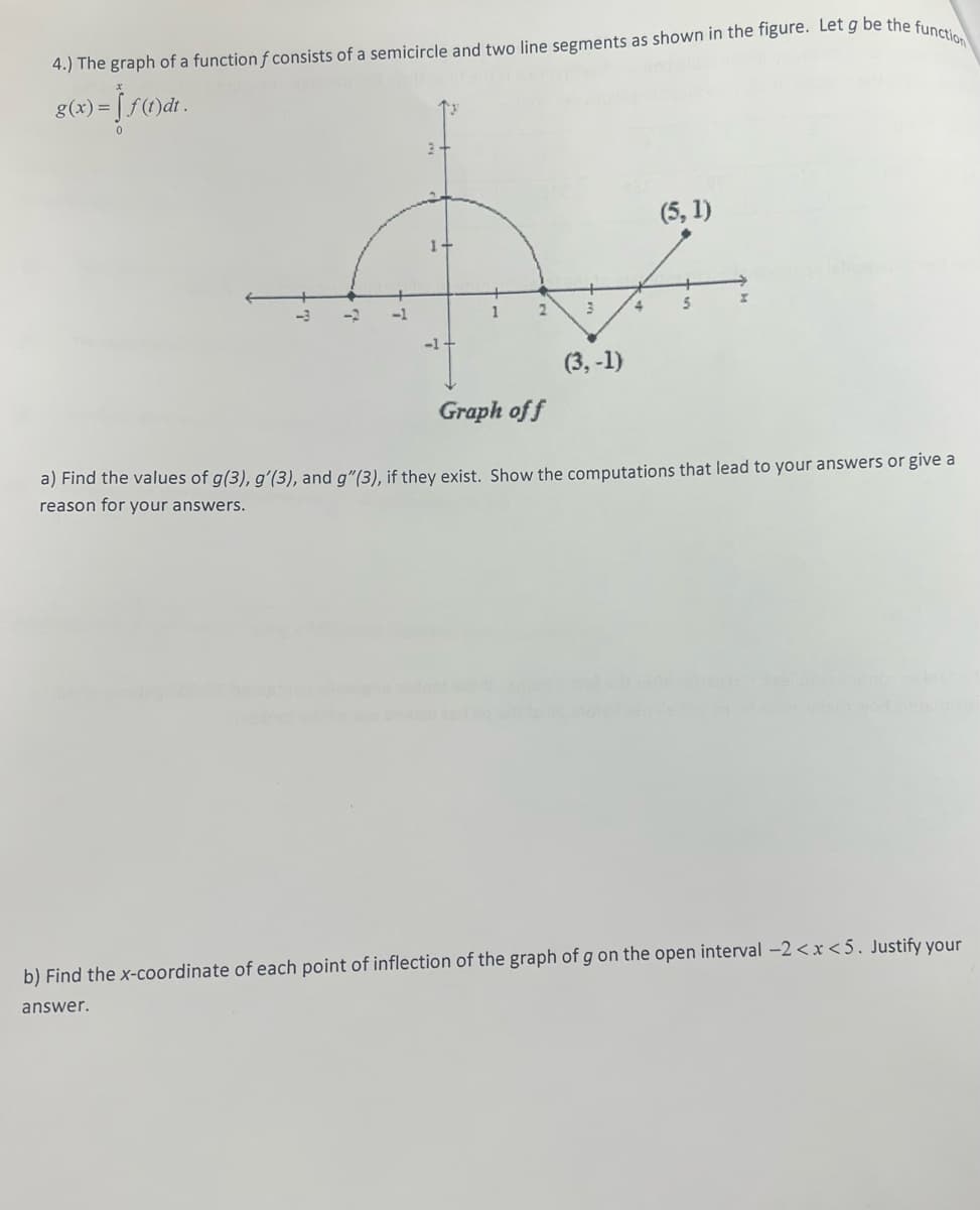 4.) The graph of a function f consists of a semicircle and two line segments as shown in the figure. Let g be the function
g(x) = f(t)dr
-1+
1
2
(3,-1)
4
(5, 1)
5
X
Graph of f
a) Find the values of g(3), g'(3), and g"(3), if they exist. Show the computations that lead to your answers or give a
reason for your answers.
b) Find the x-coordinate of each point of inflection of the graph of g on the open interval -2<x<5. Justify your
answer.