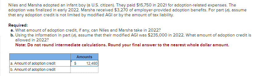 Niles and Marsha adopted an infant boy (a U.S. citizen). They paid $15,750 in 2021 for adoption-related expenses. The
adoption was finalized in early 2022. Marsha received $3,270 of employer-provided adoption benefits. For part (a), assume
that any adoption credit is not limited by modified AGI or by the amount of tax liability.
Required:
a. What amount of adoption credit, if any, can Niles and Marsha take in 2022?
b. Using the information in part (a), assume that their modified AGI was $235,000 in 2022. What amount of adoption credit is
allowed in 2022?
Note: Do not round intermediate calculations. Round your final answer to the nearest whole dollar amount.
a. Amount of adoption credit
b. Amount of adoption credit
Amounts
$
12,480