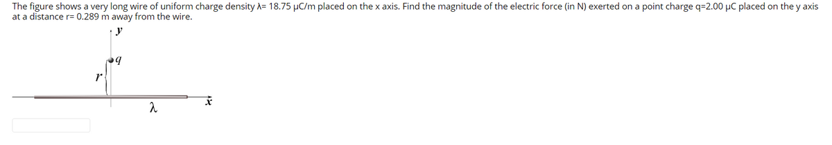 The figure shows a very long wire of uniform charge density A= 18.75 µC/m placed on the x axis. Find the magnitude of the electric force (in N) exerted on a point charge q=2.00 µC placed on the y axis
at a distance r= 0.289 m away from the wire.
y
