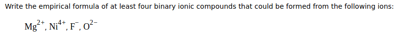 Write the empirical formula of at least four binary ionic compounds that could be formed from the following ions:
Mg*, Ni**, F, 0?-
