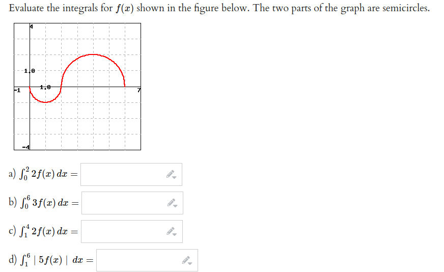 Evaluate the integrals for f(x) shown in the figure below. The two parts of the graph are semicircles.
1.0
1,0
F1
a) Sở 25(2) dæ =
b) So 3f(x) dæ =
c) Si 2f(x) dx
=
d) S“ | 5f(x)| dx
