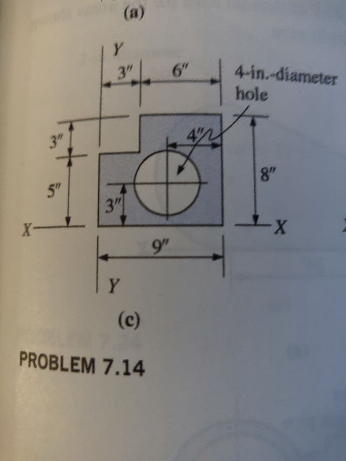 X-
3"
in
Y
(a)
3"
3"
Y
(c)
PROBLEM 7.14
9"
6″
4"
4-in.-diameter
hole
8"
X