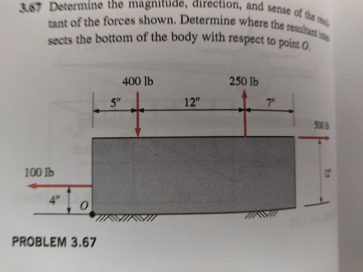 367 Determine the magnitude, direction, and sense of the se
tant of the forces shown. Determine where the resultant inte
sects the bottom of the body with respect to point 0.
100 lb
4"
0
PROBLEM 3.67
5"
W
400 lb
12"
250 lb
700
7"
500 B
12