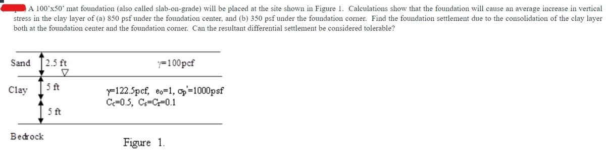 A 100'x50' mat foundation (also called slab-on-grade) will be placed at the site shown in Figure 1. Calculations show that the foundation will cause an average increase in vertical
stress in the clay layer of (a) 850 psf under the foundation center, and (b) 350 psf under the foundation corner. Find the foundation settlement due to the consolidation of the clay layer
both at the foundation center and the foundation corner. Can the resultant differential settlement be considered tolerable?
Sand
Clay
Bedrock
2.5 ft
5 ft
5 ft
7-100pcf
122.5pcf, eo=1, op=1000psf
Cc-0.5, Cs-C-0.1
Figure 1.