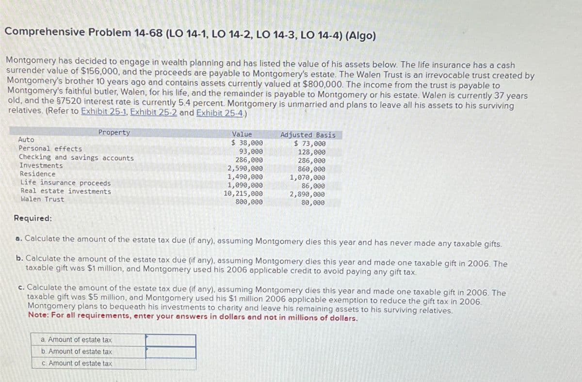 Comprehensive Problem 14-68 (LO 14-1, LO 14-2, LO 14-3, LO 14-4) (Algo)
Montgomery has decided to engage in wealth planning and has listed the value of his assets below. The life insurance has a cash
surrender value of $156,000, and the proceeds are payable to Montgomery's estate. The Walen Trust is an irrevocable trust created by
Montgomery's brother 10 years ago and contains assets currently valued at $800,000. The income from the trust is payable to
Montgomery's faithful butler, Walen, for his life, and the remainder is payable to Montgomery or his estate. Walen is currently 37 years
old, and the §7520 interest rate is currently 5.4 percent. Montgomery is unmarried and plans to leave all his assets to his surviving
relatives. (Refer to Exhibit 25-1, Exhibit 25-2 and Exhibit 25-4.)
Auto
Property
Personal effects
Checking and savings accounts
Investments
Residence
Life insurance proceeds
Real estate investments
Value
Adjusted Basis
$ 38,000
93,000
286,000
$ 73,000
128,000
286,000
2,590,000
860,000
1,490,000
1,070,000
1,090,000
10,215,000
800,000
86,000
2,890,000
80,000
Walen Trust
Required:
a. Calculate the amount of the estate tax due (if any), assuming Montgomery dies this year and has never made any taxable gifts.
b. Calculate the amount of the estate tax due (if any), assuming Montgomery dies this year and made one taxable gift in 2006. The
taxable gift was $1 million, and Montgomery used his 2006 applicable credit to avoid paying any gift tax.
c. Calculate the amount of the estate tax due (if any), assuming Montgomery dies this year and made one taxable gift in 2006. The
taxable gift was $5 million, and Montgomery used his $1 million 2006 applicable exemption to reduce the gift tax in 2006.
Montgomery plans to bequeath his investments to charity and leave his remaining assets to his surviving relatives.
Note: For all requirements, enter your answers in dollars and not in millions of dollars.
a. Amount of estate tax
b. Amount of estate tax
c. Amount of estate tax