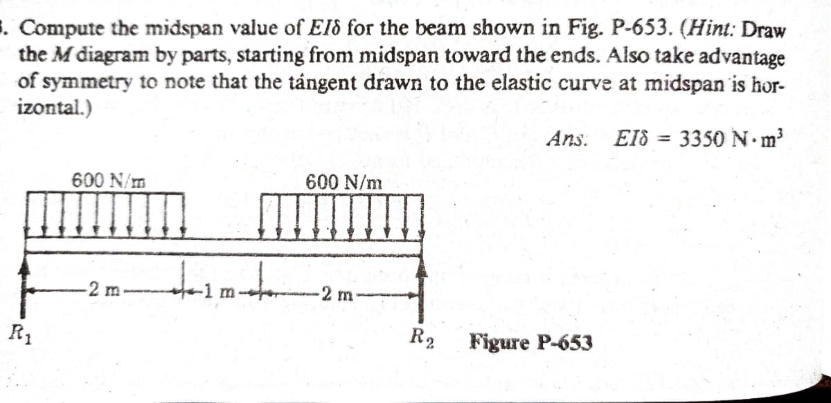 s. Compute the midspan value of El8 for the beam shown in Fig. P-653. (Hint: Draw
the M diagram by parts, starting from midspan toward the ends. Also take advantage
of symmetry to note that the tángent drawn to the elastic curve at midspan is hor-
izontal.)
Ans.
EIS = 3350 N• m³
%3D
600 N/m
600 N/m
-2 m
2 m
R1
R2
Figure P-653
