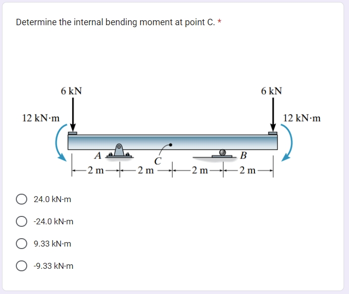 Determine the internal bending moment at point C. *
12 kN.m
6 kN
O 24.0 kN-m
-24.0 kN-m
9.33 kN-m
O -9.33 kN-m
A
-2 m-
-2 m
B
-2 m▬▬▬▬▬2 m-
6 kN
12 kN.m