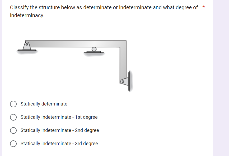 Classify the structure below as determinate or indeterminate and what degree of *
indeterminacy.
Statically determinate
Statically indeterminate - 1st degree
Statically indeterminate - 2nd degree
Statically indeterminate - 3rd degree