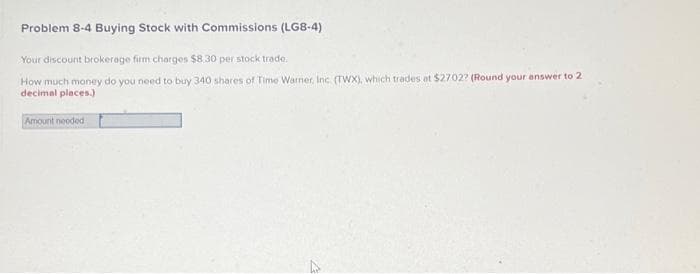 Problem 8-4 Buying Stock with Commissions (LG8-4)
Your discount brokerage firm charges $8.30 per stock trade.
How much money do you need to buy 340 shares of Time Warner, Inc. (TWX), which trades at $2702? (Round your answer to 2
decimal places.)
Amount needed