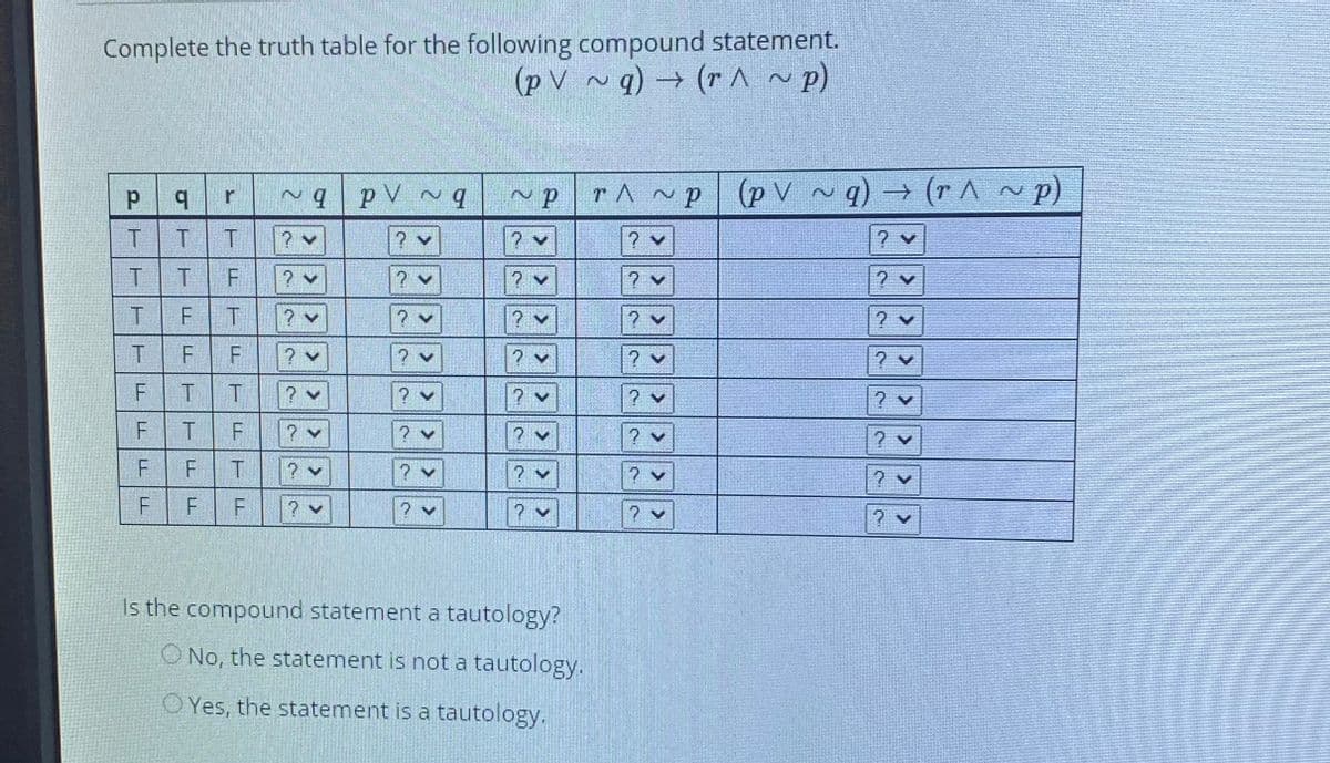 Complete the truth table for the following compound statement.
(p V ~q) → (r A ~p)
2.
p V ~q
r^~p ~q) → (r A ~p)
(P V
TT
F
F
F.
F T
F
T.
Is the compound statement a tautology?
O No, the statement is not a tautology.
O Yes, the statement is a tautology.
2.
ETE
