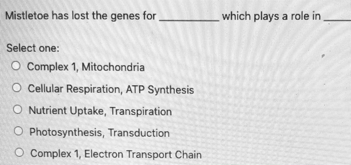 Mistletoe has lost the genes for
which plays a role in
Select one:
O Complex 1, Mitochondria
O Cellular Respiration, ATP Synthesis
O Nutrient Uptake, Transpiration
O Photosynthesis, Transduction
O Complex 1, Electron Transport Chain
