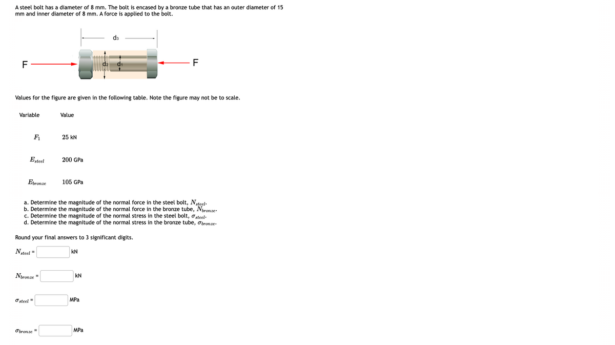 A steel bolt has a diameter of 8 mm. The bolt is encased by a bronze tube that has an outer diameter of 15
mm and inner diameter of 8 mm. A force is applied to the bolt.
F
d3
d1
F
Values for the figure are given in the following table. Note the figure may not be to scale.
Variable
F₁
Value
25 kN
Esteel
200 GPa
Ebronze
105 GPa
a. Determine the magnitude of the normal force in the steel bolt, Nsteel.
b. Determine the magnitude of the normal force in the bronze tube, Nbronze.
c. Determine the magnitude of the normal stress in the steel bolt, σ steel.
d. Determine the magnitude of the normal stress in the bronze tube, Obronze.
Round your final answers to 3 significant digits.
N steel =
KN
Nbronze
=
KN
σ steel =
MPa
Obronze
=
MPa