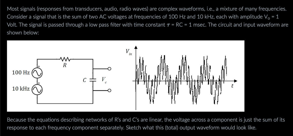 Most signals (responses from transducers, audio, radio waves) are complex waveforms, i.e., a mixture of many frequencies.
Consider a signal that is the sum of two AC voltages at frequencies of 100 Hz and 10 kHz, each with amplitude V。 = 1
Volt. The signal is passed through a low pass filter with time constant ▾ RC = 1 msec. The circuit and input waveform are
shown below:
=
V.
in
ww
R
100 Hz
C
V
10 kHz
WWW
Because the equations describing networks of R's and C's are linear, the voltage across a component is just the sum of its
response to each frequency component separately. Sketch what this (total) output waveform would look like.