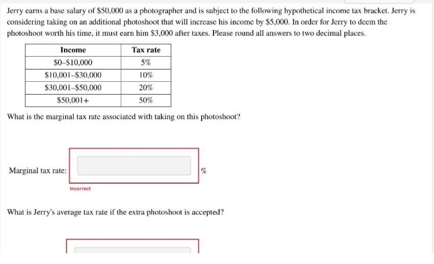 Jerry earns a base salary of $50,000 as a photographer and is subject to the following hypothetical income tax bracket. Jerry is
considering taking on an additional photoshoot that will increase his income by $5,000. In order for Jerry to deem the
photoshoot worth his time, it must earn him $3,000 after taxes. Please round all answers to two decimal places.
Income
Tax rate
$0-$10,000
5%
$10,001-$30,000
10%
$30,001-$50,000
20%
$50,001+
50%
What is the marginal tax rate associated with taking on this photoshoot?
Marginal tax rate:
%
Incorrect
What is Jerry's average tax rate if the extra photoshoot is accepted?